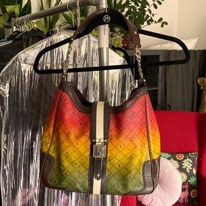 L.A.M.B. Commodore hobo bag, ombré red gold & green w brown leather trim